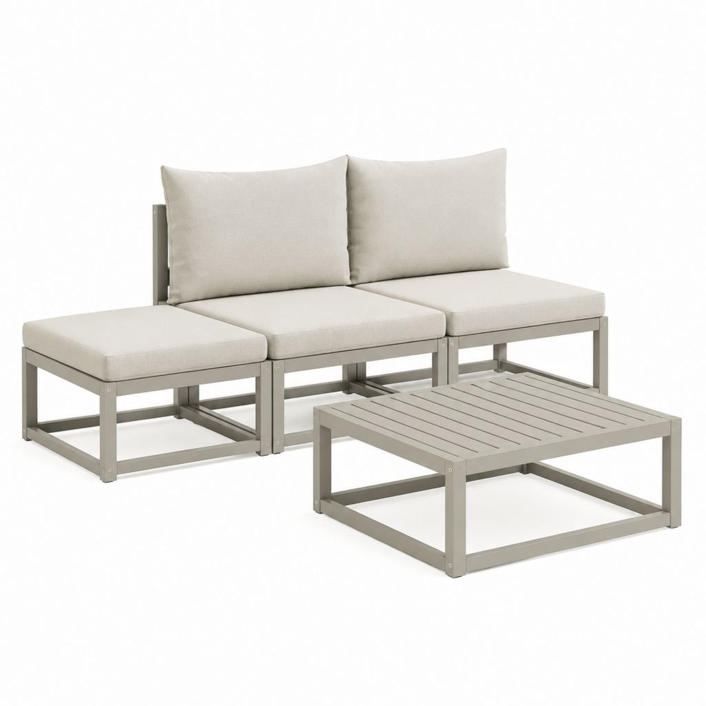 Salon de jardin d'angle 4 pièces gris taupe en aluminium avec coussins polyester 210 x 140 x 65 cm