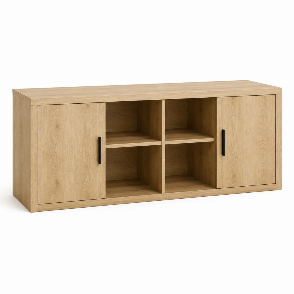 Meuble TV bas chêne clair en panneaux de particules 160 x 40 x 75 cm avec 2 portes et 4 niches