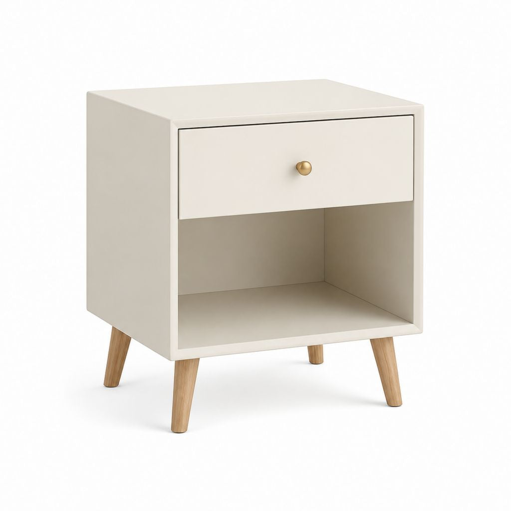 Table de chevet beige en MDF avec tiroir et niche pieds en chêne massif 40 x 35 x 55 cm