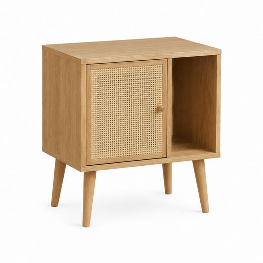 Table de chevet rectangulaire chêne naturel en MDF plaqué chêne et cannage en rotin 45 x 35 x 60 cm