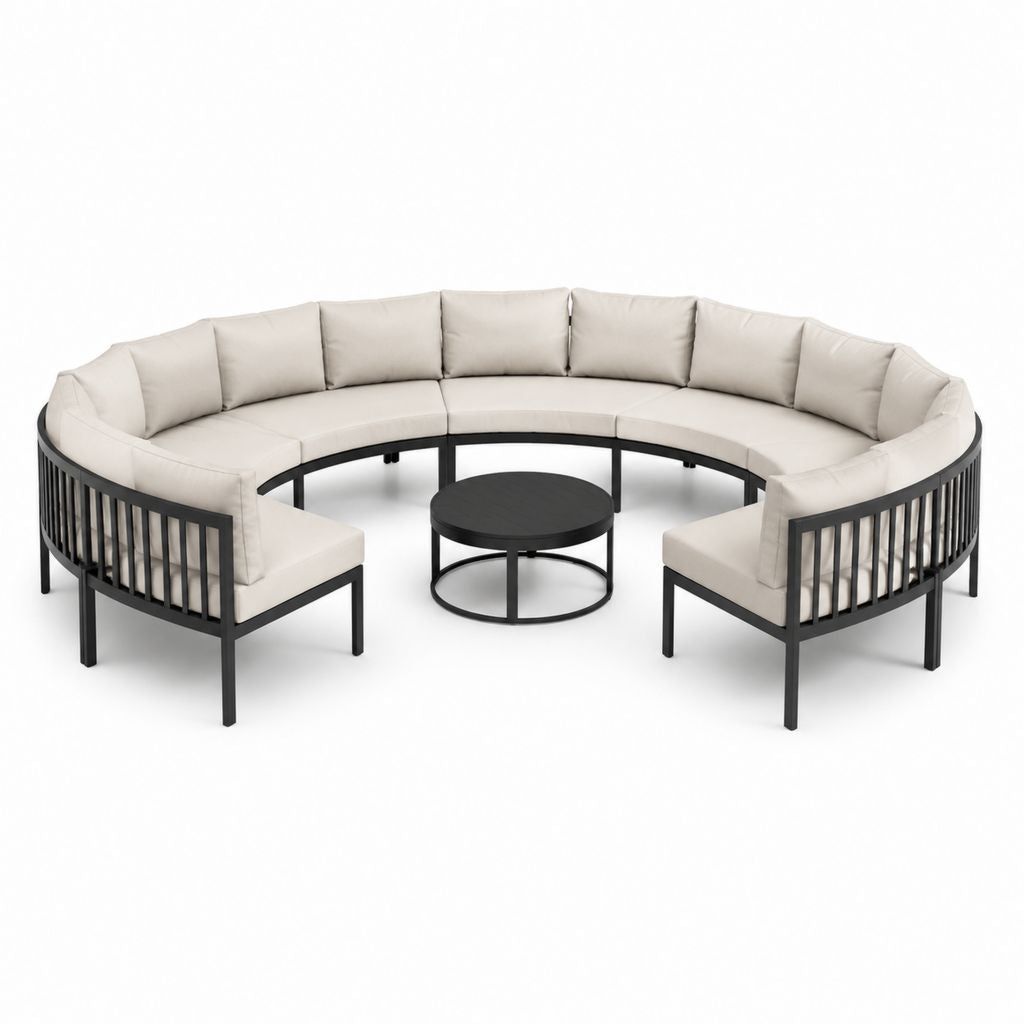 Salon de jardin modulable 7 pièces beige et noir en aluminium avec coussins polyester forme arrondie 310 x 280 x 72 cm
