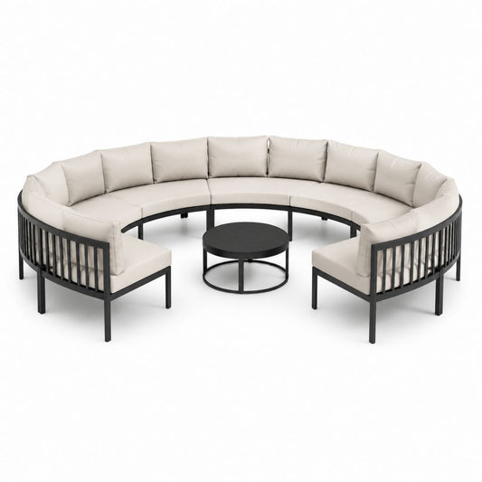 Salon de jardin modulable 7 pièces beige et noir en aluminium avec coussins polyester forme arrondie 310 x 280 x 72 cm