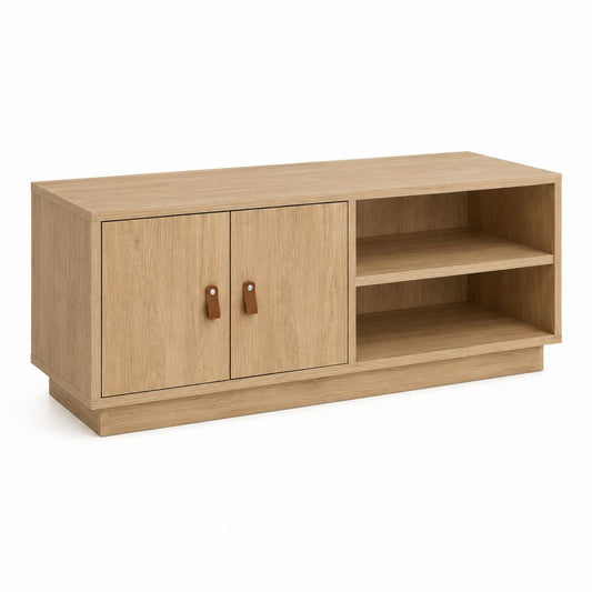 Meuble TV bas chêne clair en panneaux de particules 120 x 40 x 60 cm avec 2 portes et 2 niches