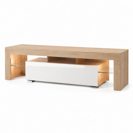 Meuble TV rectangulaire chêne clair et blanc en panneaux mélaminés avec verre trempé 180 x 40 x 50 cm