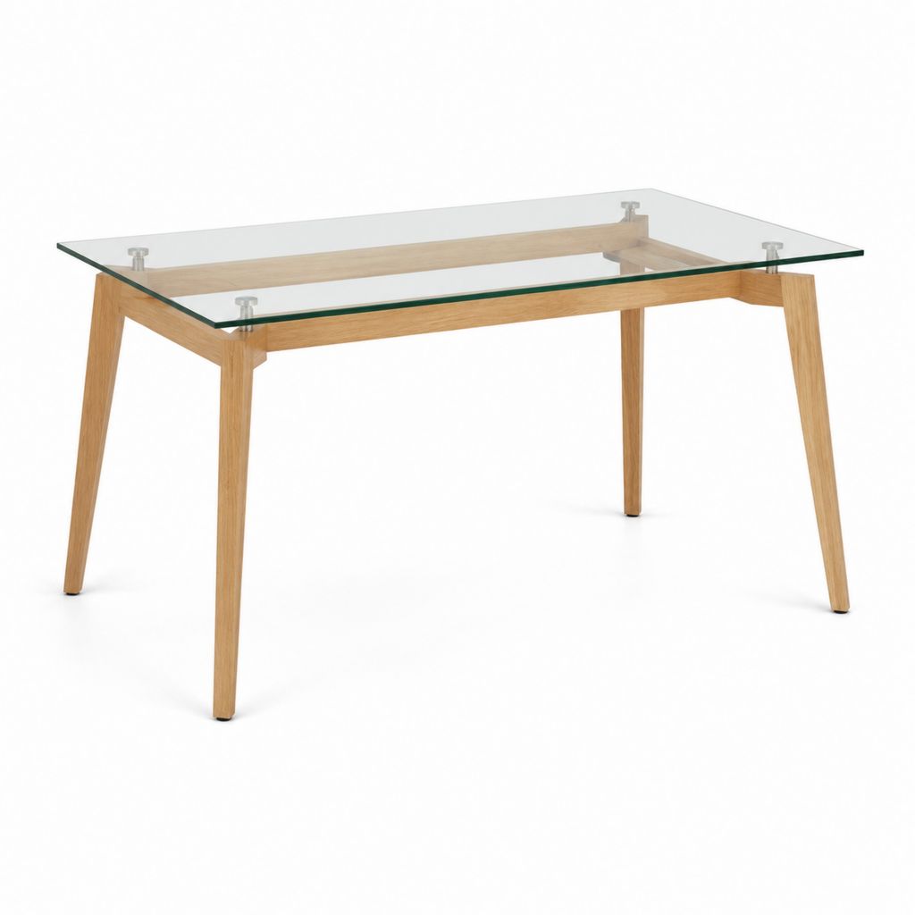 Table à manger rectangulaire transparente en verre trempé et chêne massif 120 x 80 x 75 cm