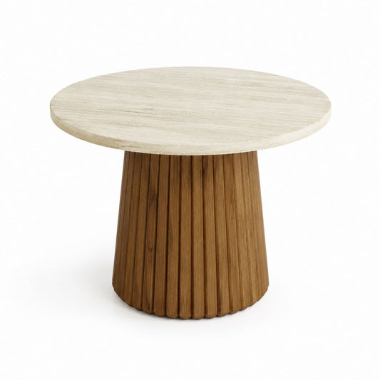 Table à manger ronde beige et noyer en travertin et bois massif Ø 120 cm x H 75 cm