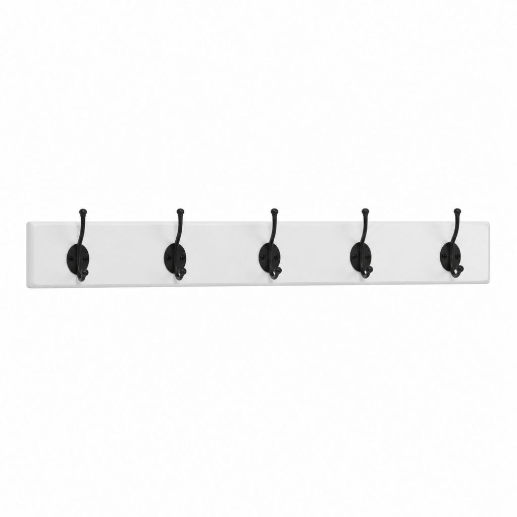 Porte-manteau mural rectangulaire 5 patères doubles blanc noir en MDF et acier 80 x 12 x 7 cm