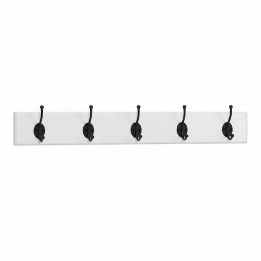 Porte-manteau mural rectangulaire 5 patères doubles blanc noir en MDF et acier 80 x 12 x 7 cm
