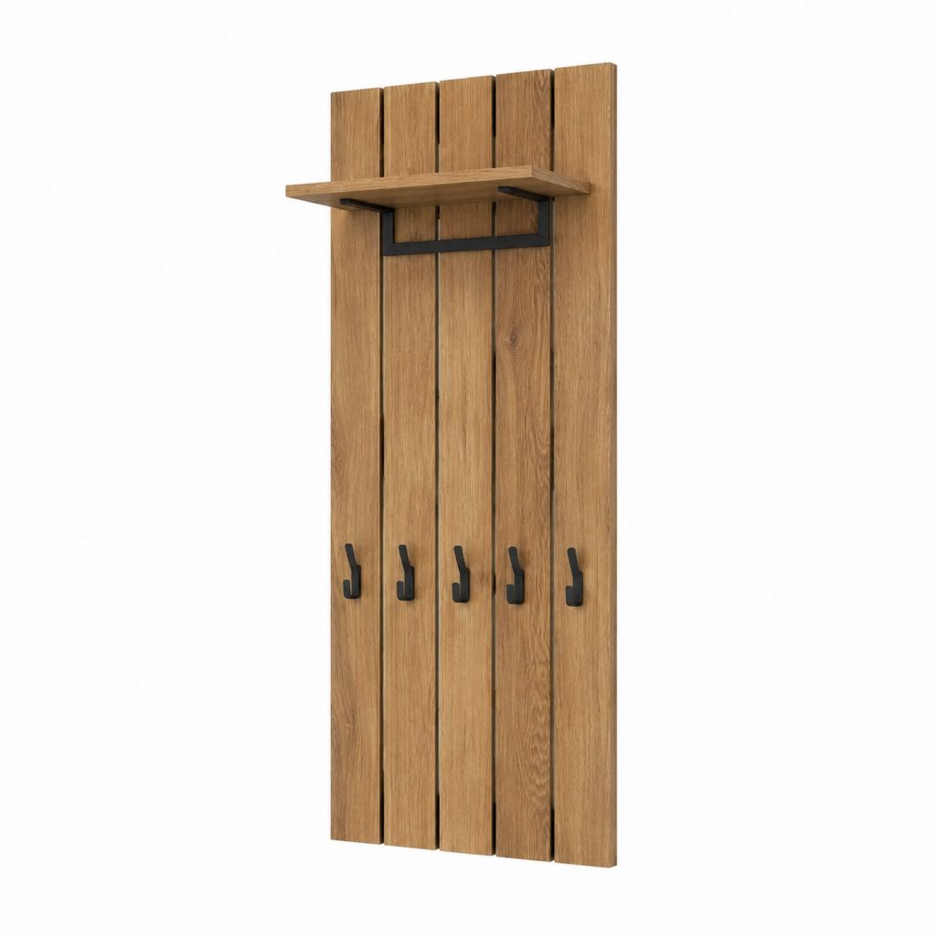 Porte-manteau mural avec étagère chêne massif et acier noir rectangulaire 50 x 120 x 20 cm