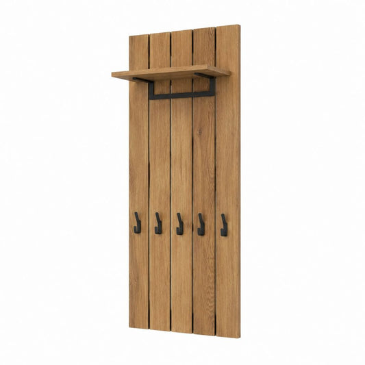 Porte-manteau mural avec étagère chêne massif et acier noir rectangulaire 50 x 120 x 20 cm