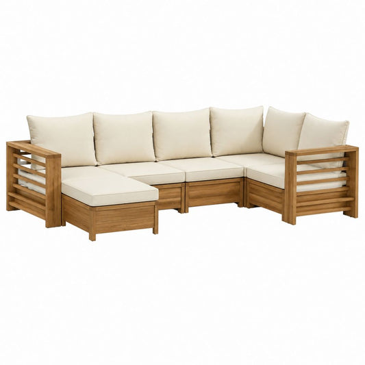 Salon de jardin d’angle 5 places en acacia massif naturel avec coussins crème 280 x 140 x 70 cm