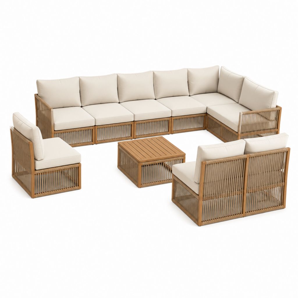 Salon de jardin d’angle 4 pièces beige en acacia massif et corde en polyéthylène 300 x 220 cm