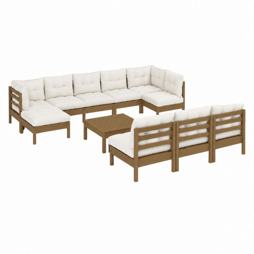 Salon de jardin modulable 9 pièces marron et blanc en acacia massif avec coussins en polyester 65 x 65 cm