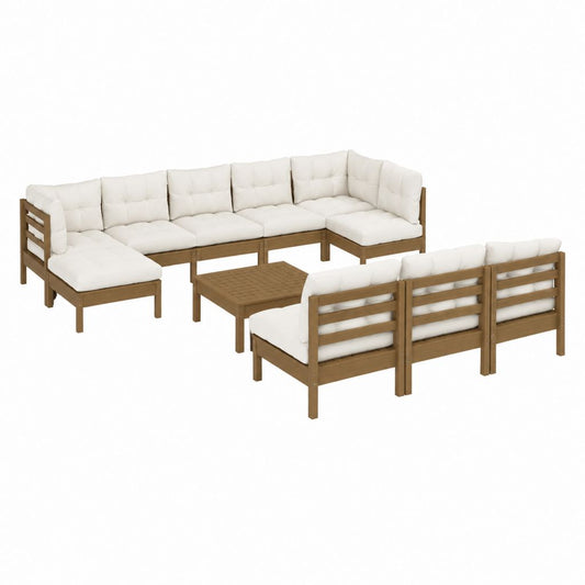 Salon de jardin modulable 9 pièces marron et blanc en acacia massif avec coussins en polyester 65 x 65 cm