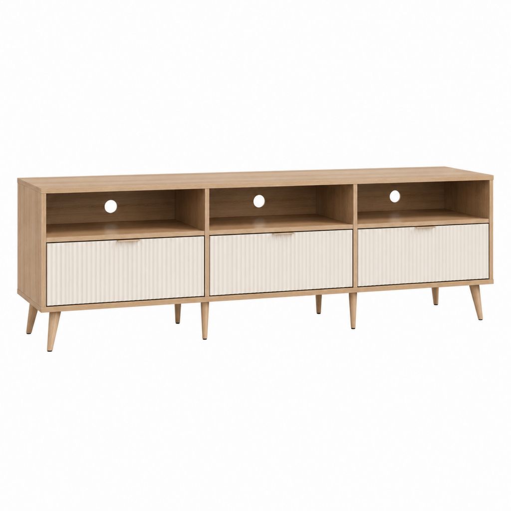 Meuble TV 3 portes marron clair et blanc cassé en panneaux de particules et MDF 180 x 40 x 60 cm