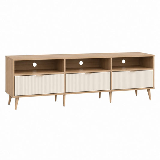 Meuble TV 3 portes marron clair et blanc cassé en panneaux de particules et MDF 180 x 40 x 60 cm