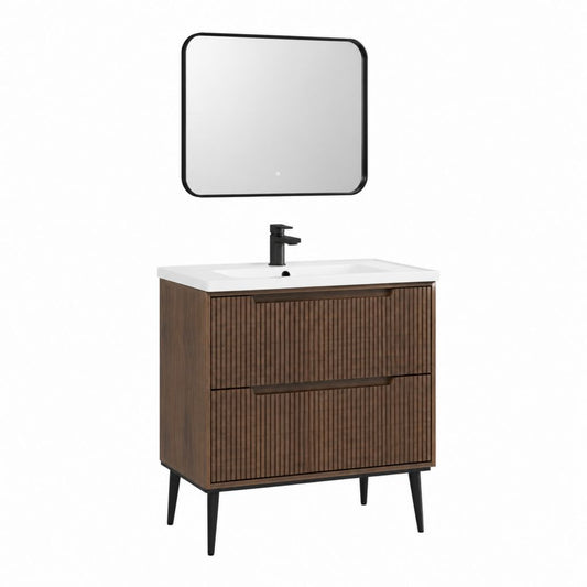 Ensemble meuble sous vasque 80 cm brun noyer en MDF avec vasque blanche miroir et robinet noir