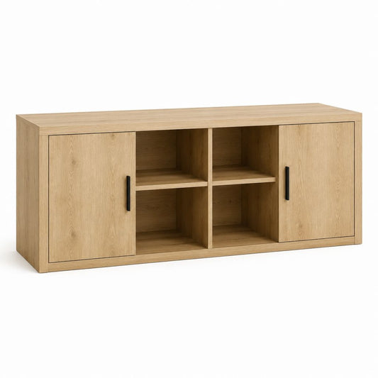 Meuble TV bas chêne clair en panneaux de particules 160 x 40 x 75 cm avec 2 portes et 4 niches