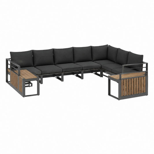 Salon de jardin modulable d'angle 6 places noir et brun en acier thermolaqué acacia et polyester 239 x 239 x 70 cm