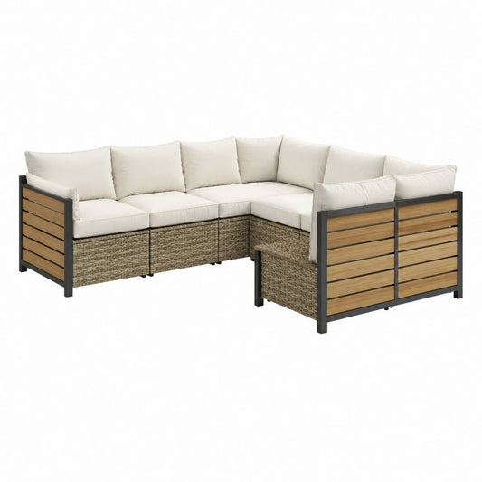Salon de jardin d’angle 5 places beige marron et noir en acier polyrotin et acacia forme L 250 x 250 x 80 cm