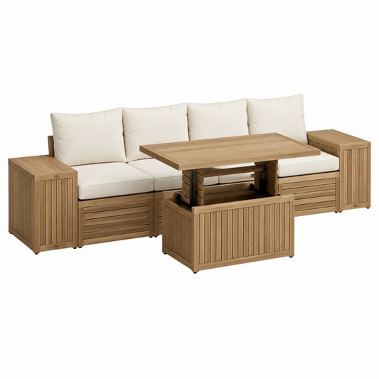 Salon de jardin 3 places beige et brun en acacia massif avec table relevable 250 x 80 x 78 cm
