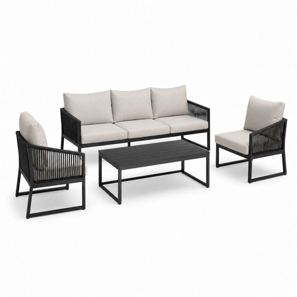 Salon de jardin 4 pièces noir et beige en aluminium avec canapé 3 places 2 fauteuils et table basse rectangulaire 210 x 75 x 65 cm