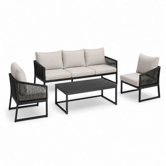 Salon de jardin 4 pièces noir et beige en aluminium avec canapé 3 places 2 fauteuils et table basse rectangulaire 210 x 75 x 65 cm